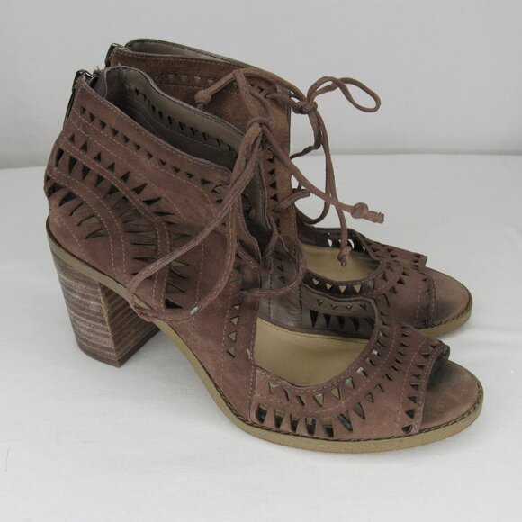 Vince Camuto Tan Suede Leather TARITA Sandal Cut Out Stacked Heel Women's 5.5 - Picture 1 of 10
